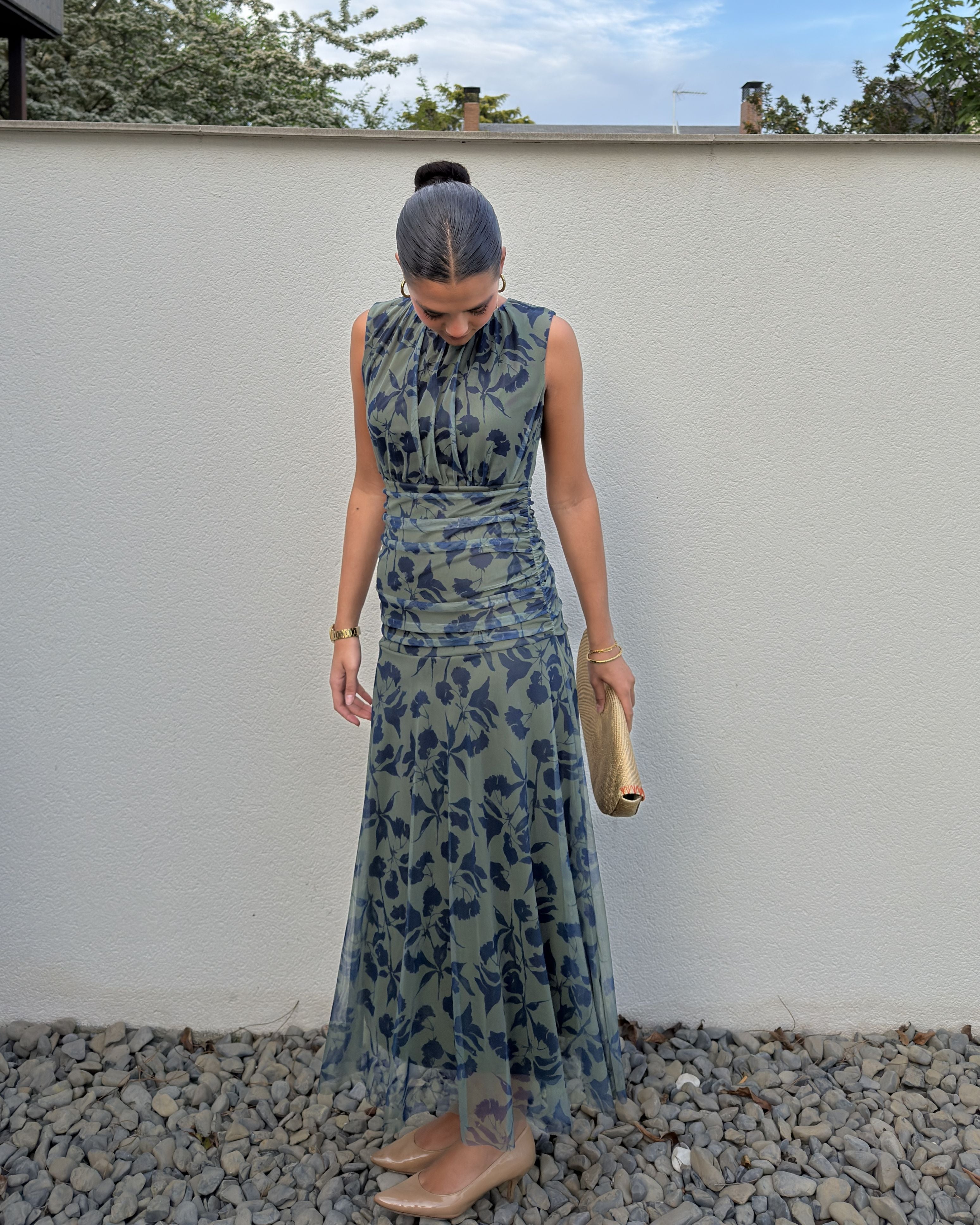  Floral Ruched Mesh Midi Dress 