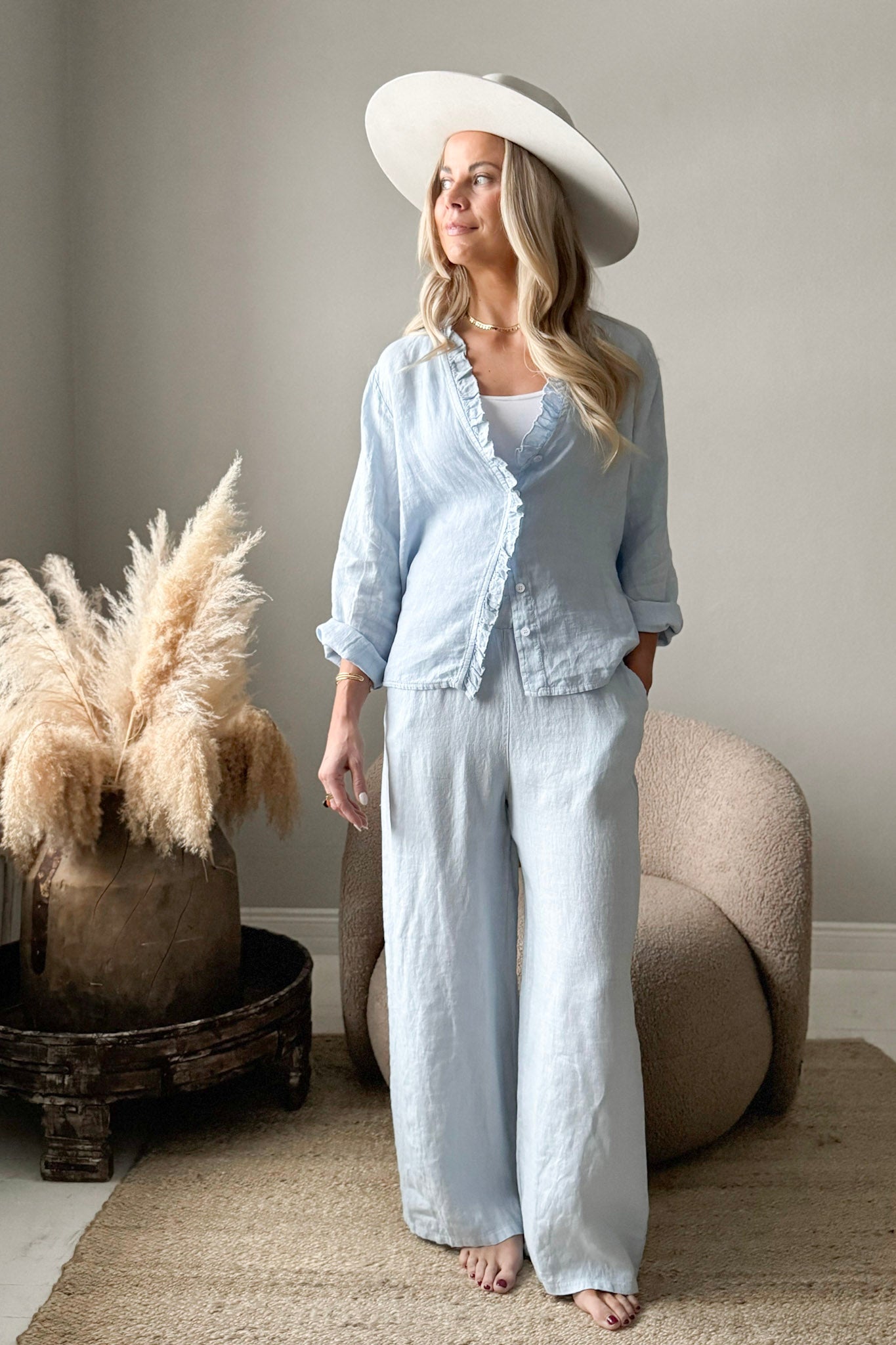 Light Blue Washed Linen Elastic High Waist Wide Leg Palazzo Pants