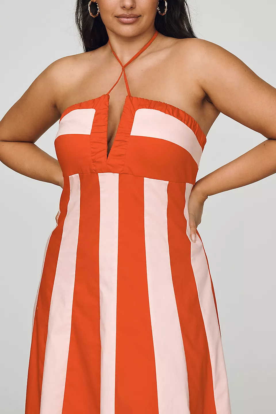 Red Blush Vertical Stripe Tie Halter Keyhole Ruffled Bust Flowy A-Line Midi Dress