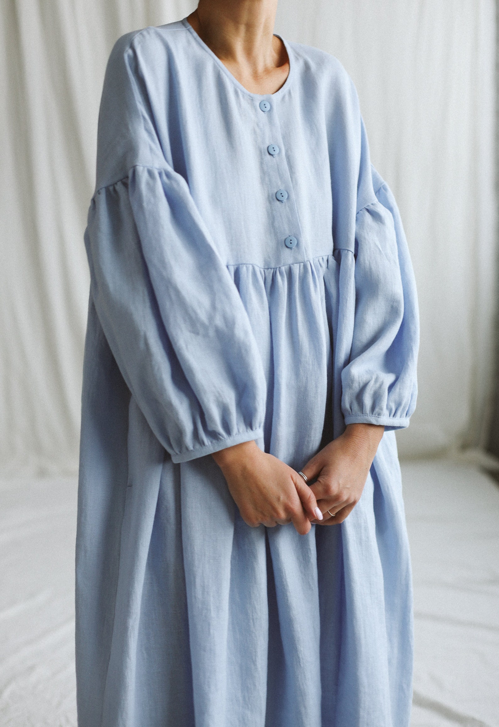 Light Blue Oversized Linen-Blend Midi Dress