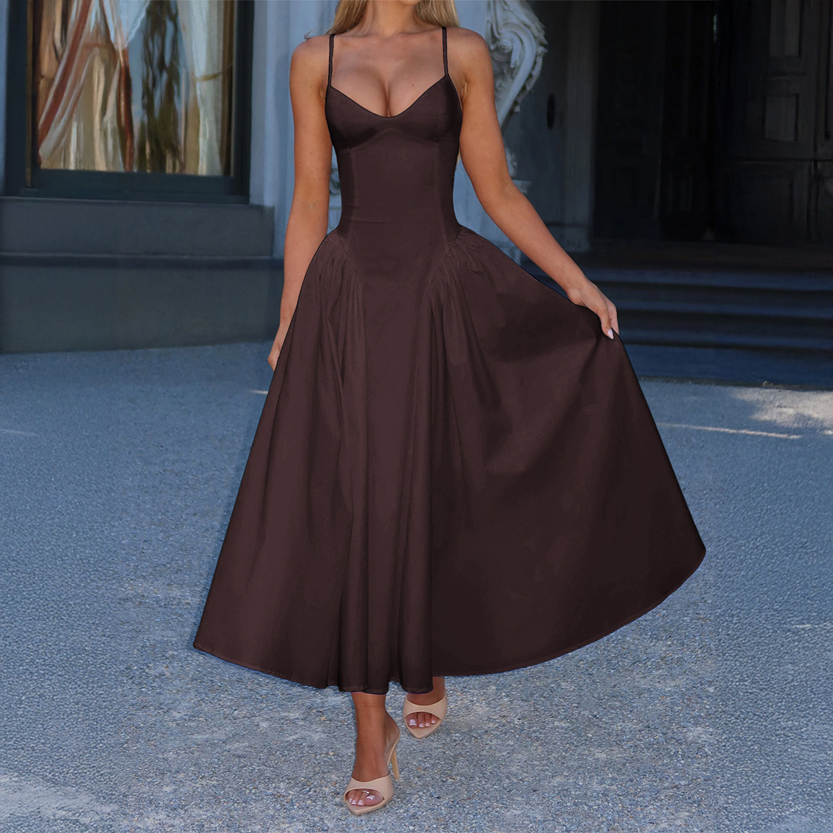 Elegant Solid Brown Structured Corset Bodice Full Skirt Midi Dress