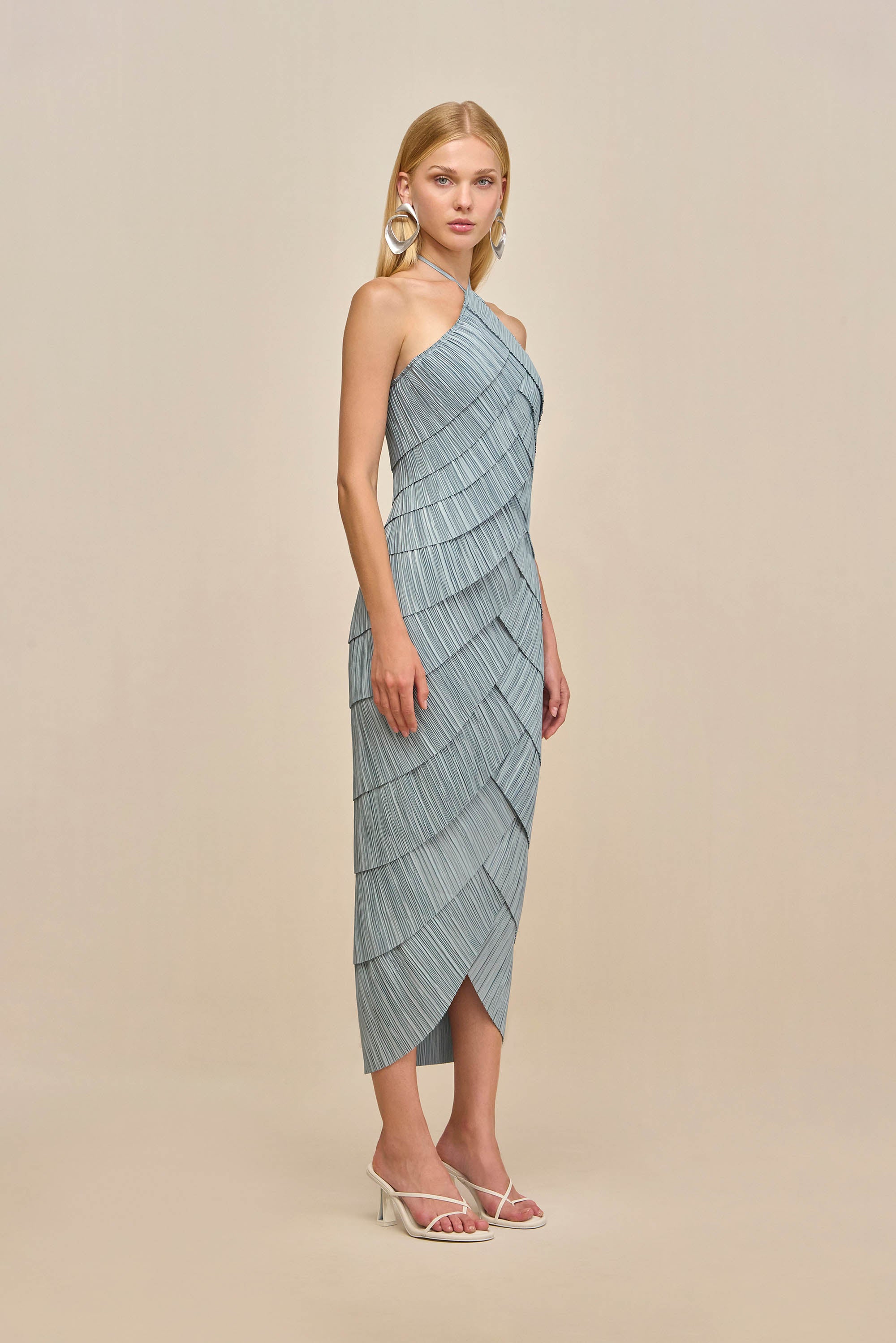 Sky Blue Pleated Halter Midi Dress