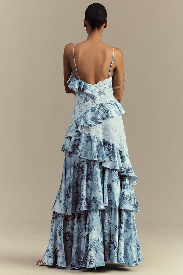 Blue Floral Lace Trim Tiered Ruffle Satin Spaghetti Strap Midi Dress