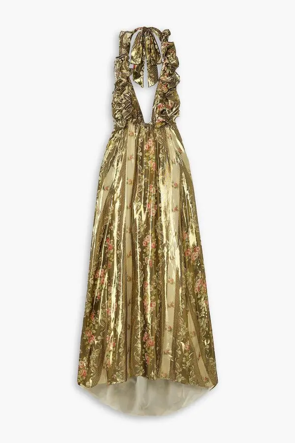antonie ruffled floralprint lamé halterneck maxi dress