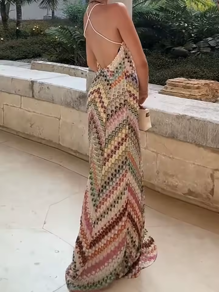 Missoni Summer Knit Colorful Herringbone Print Open Beck Maxi Dress