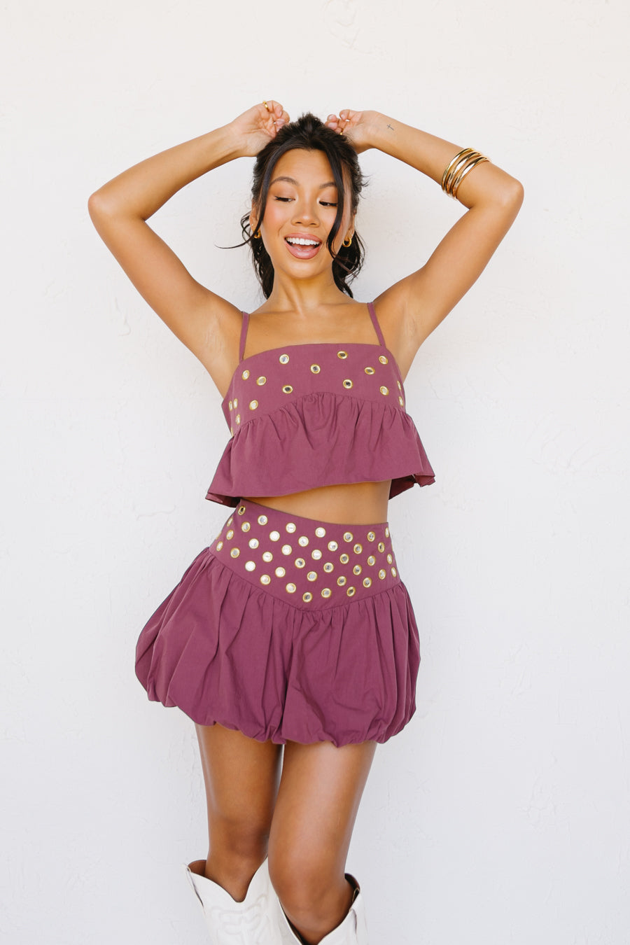 Stud-Embellished Two-Piece Bubble Skirt Set