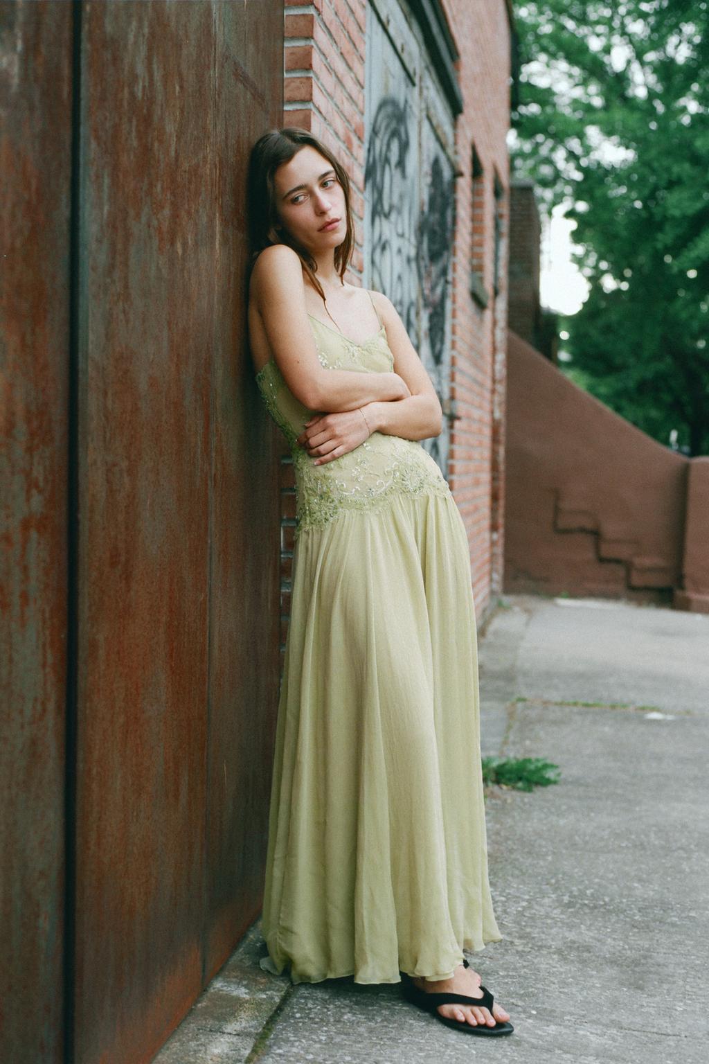 Sage Lace Embroidery Sheer Mesh Flowy Chiffon Midi Dress