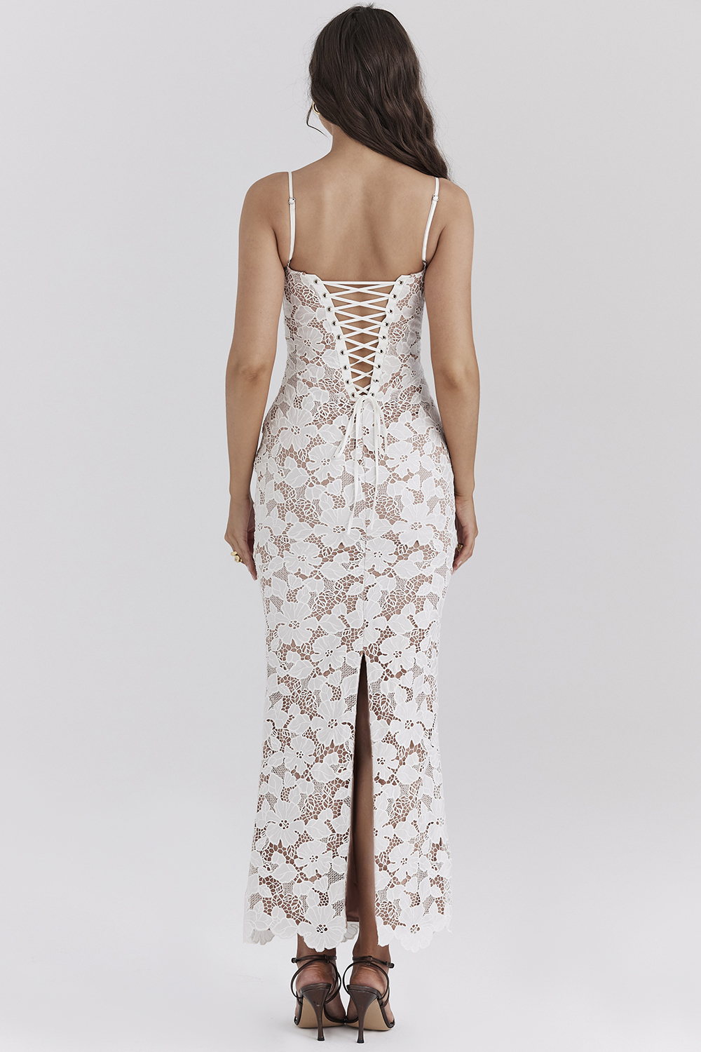 White Floral Lace Corset Midi Dress