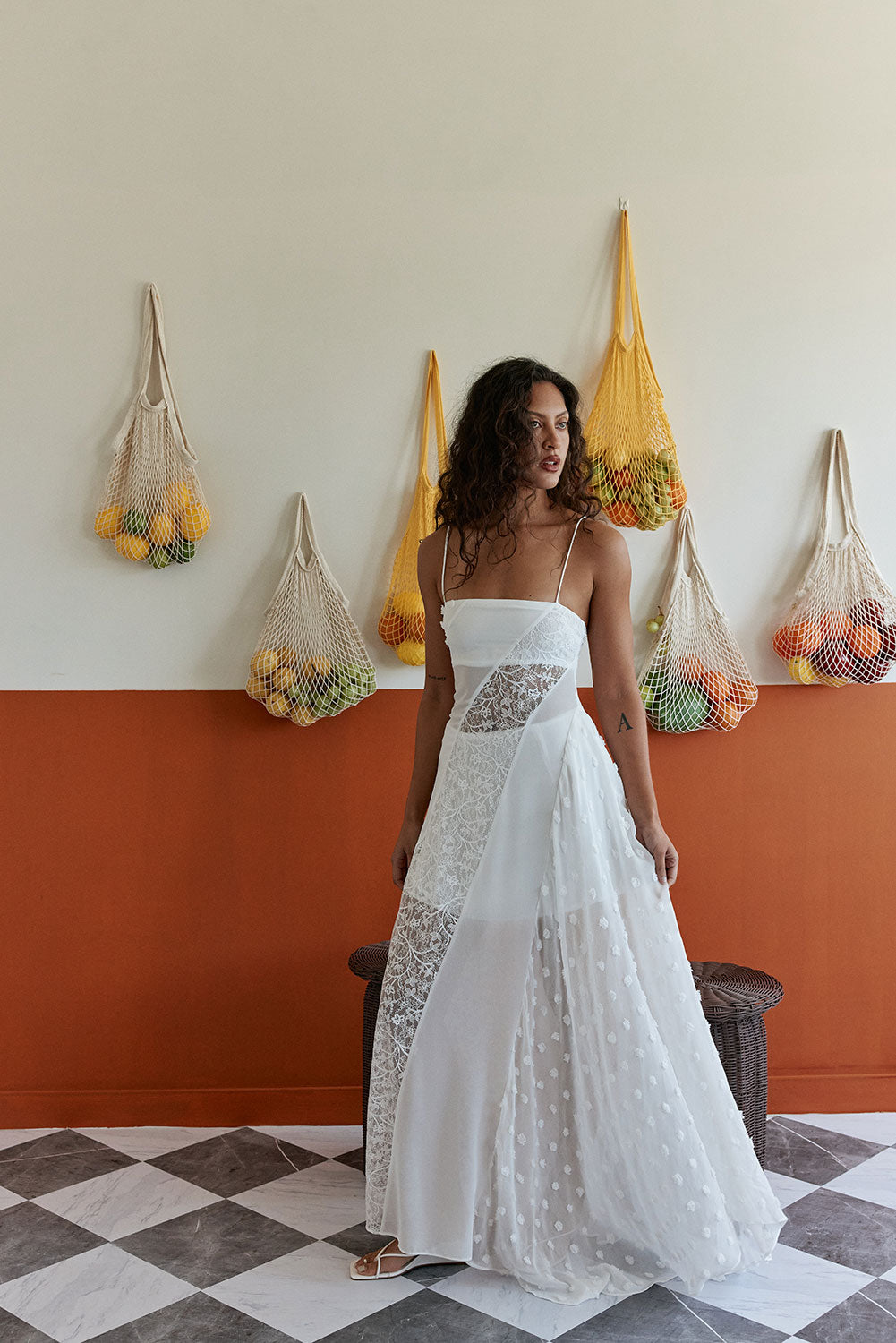 White Patchwork Lace & Chiffon Maxi Dress