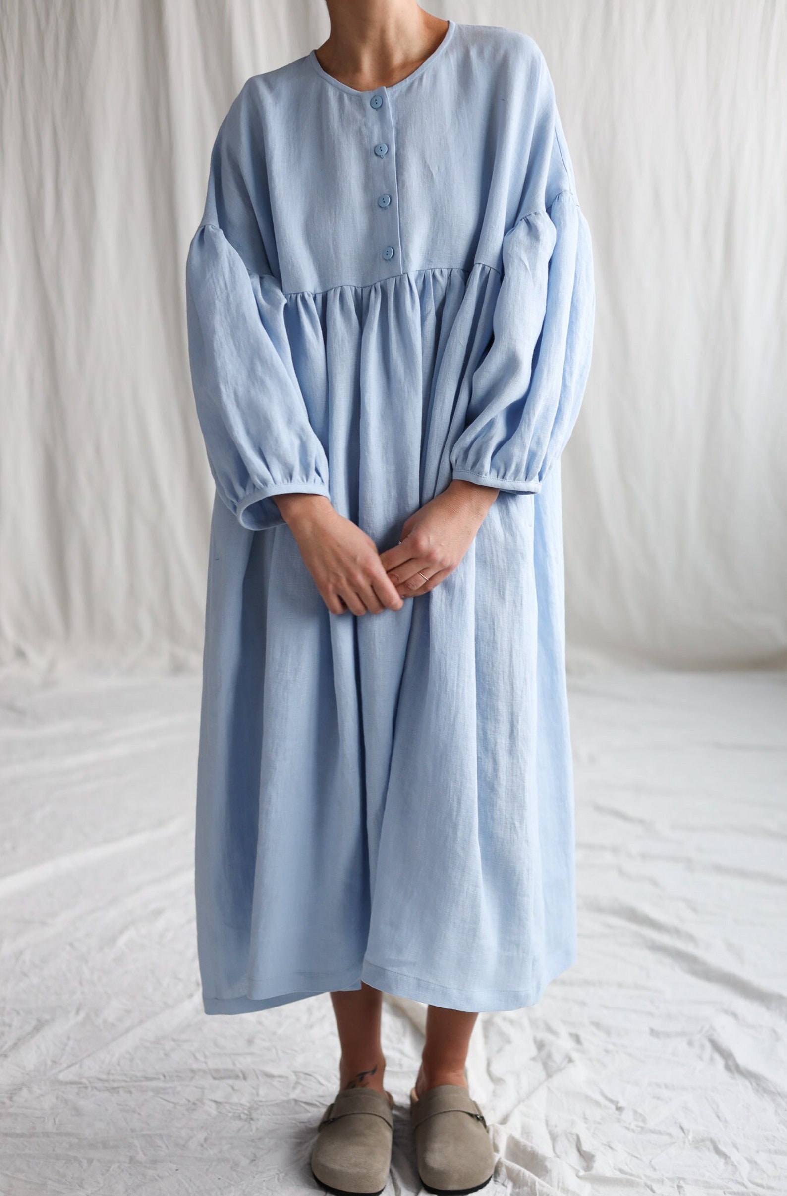 Light Blue Oversized Linen-Blend Midi Dress