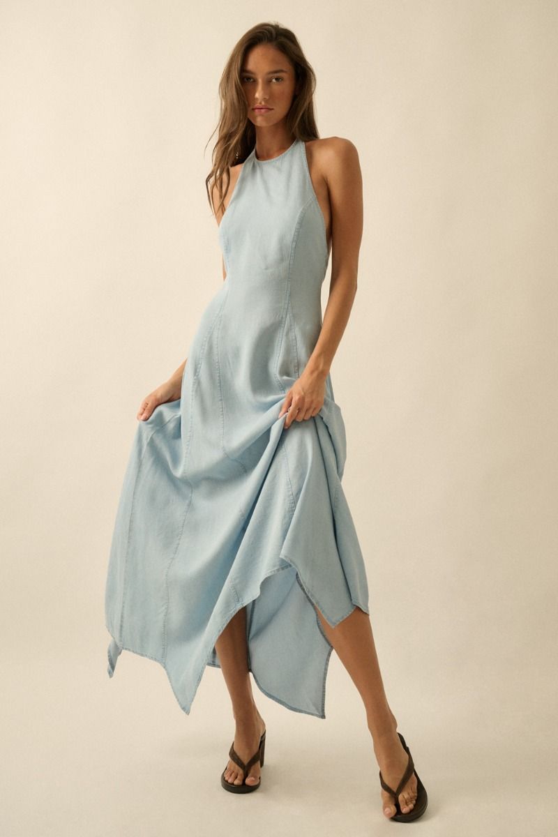 Light Blue Denim Halter Midi Dress