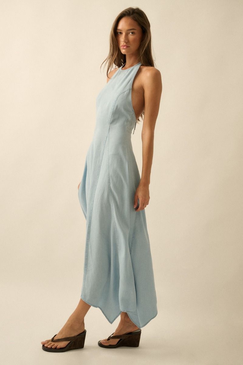 Light Blue Denim Halter Midi Dress
