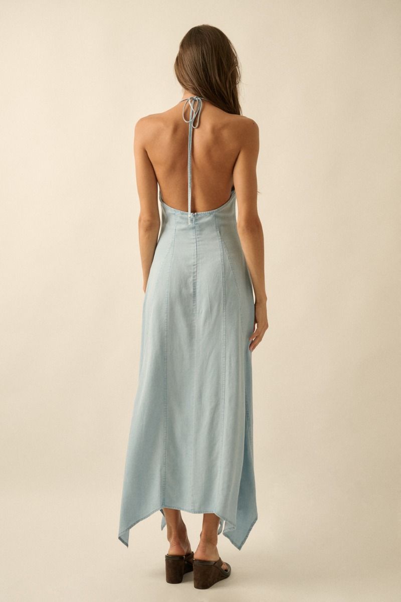 Light Blue Denim Halter Midi Dress