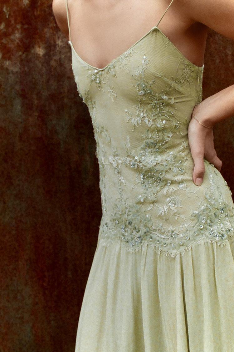 Sage Lace Embroidery Sheer Mesh Flowy Chiffon Midi Dress