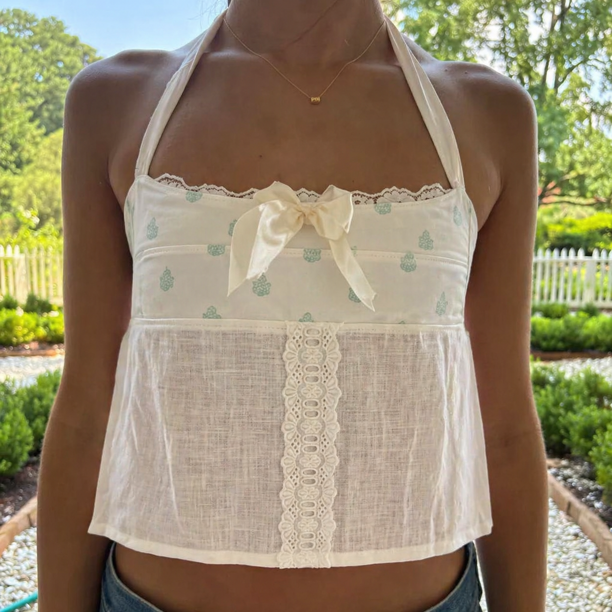 White Green Print Halter Babydoll Top with Bow & Lace