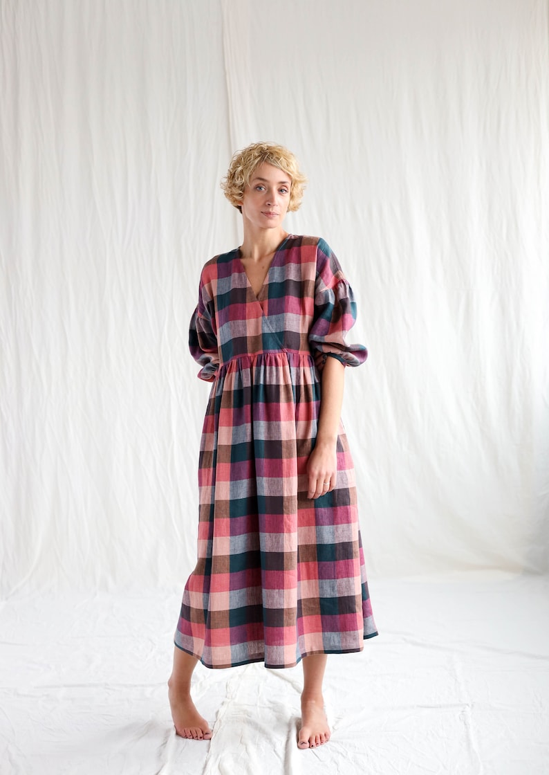 Multicolor Plaid Wrap-Front Linen-Blend Midi Dress