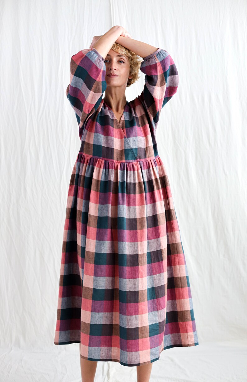 Multicolor Plaid Wrap-Front Linen-Blend Midi Dress
