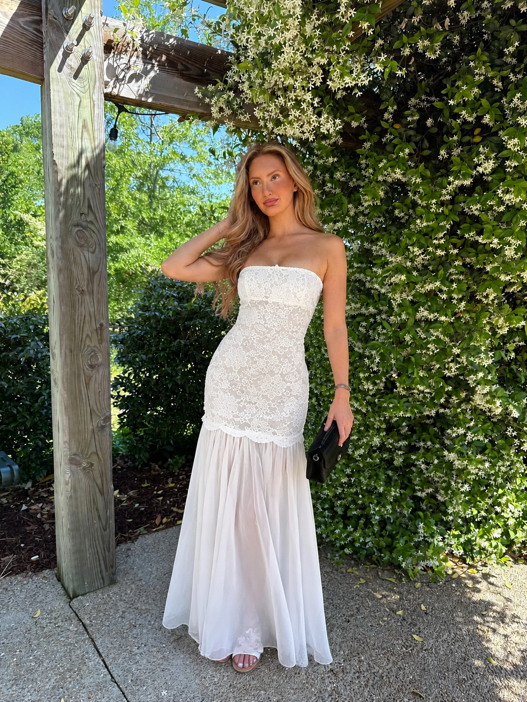 Strapless Lace & Chiffon Tiered Maxi Dress