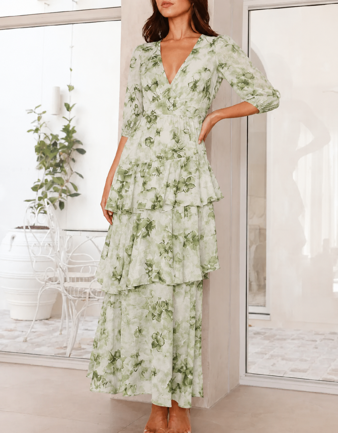 reen Floral Tiered Maxi Dress