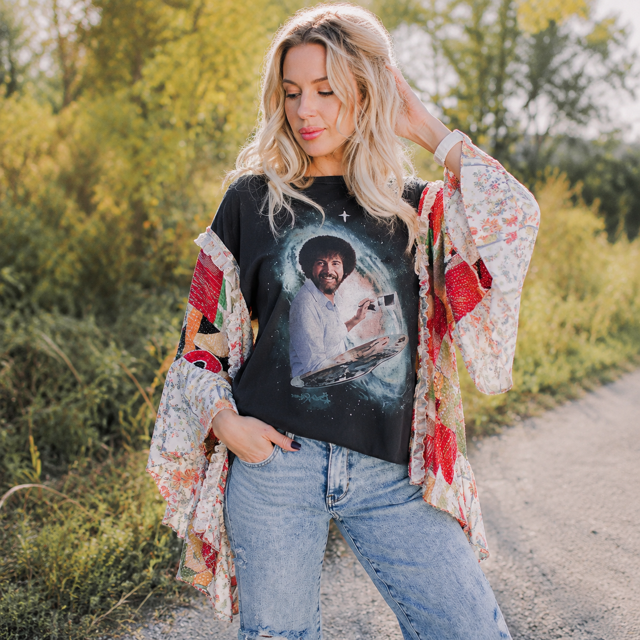 Bob Ross Graphic Patchwork Ruffle Kimono Top