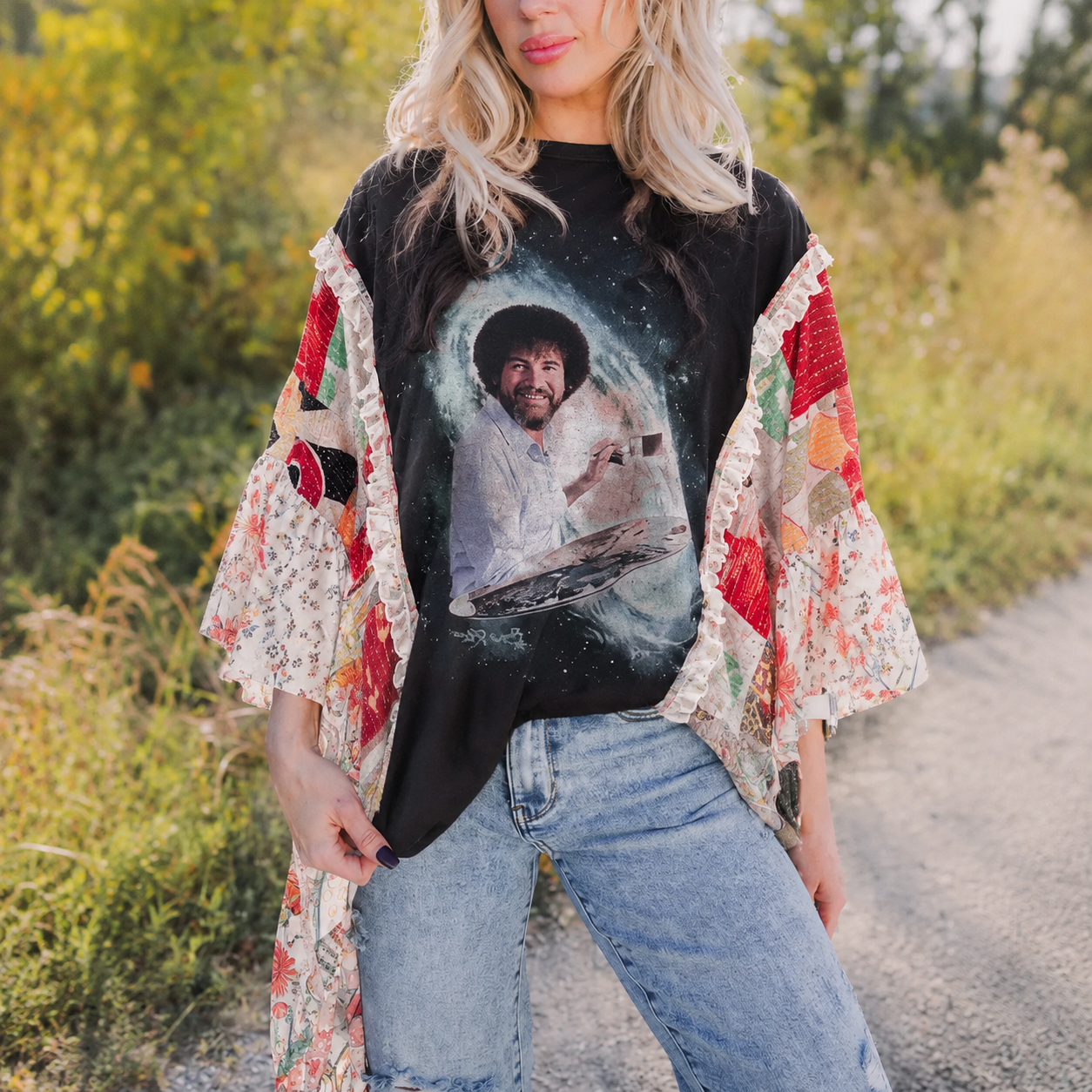 Bob Ross Graphic Patchwork Ruffle Kimono Top