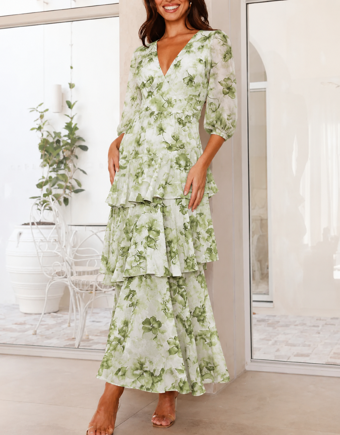 reen Floral Tiered Maxi Dress