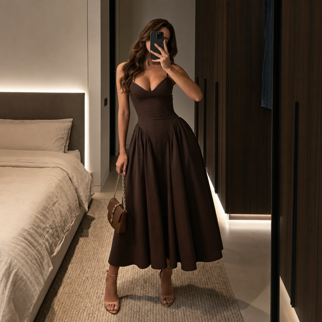 Elegant Solid Brown Structured Corset Bodice Full Skirt Midi Dress