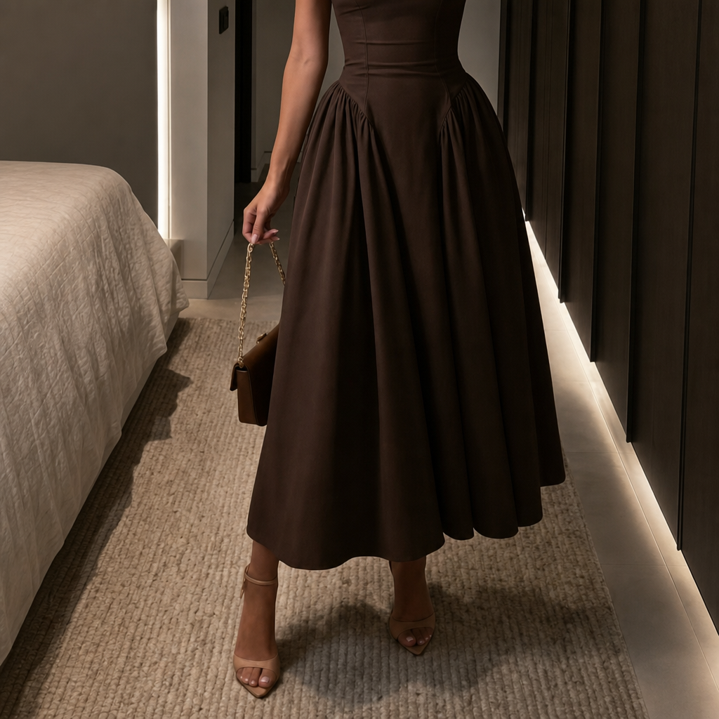 Elegant Solid Brown Structured Corset Bodice Full Skirt Midi Dress