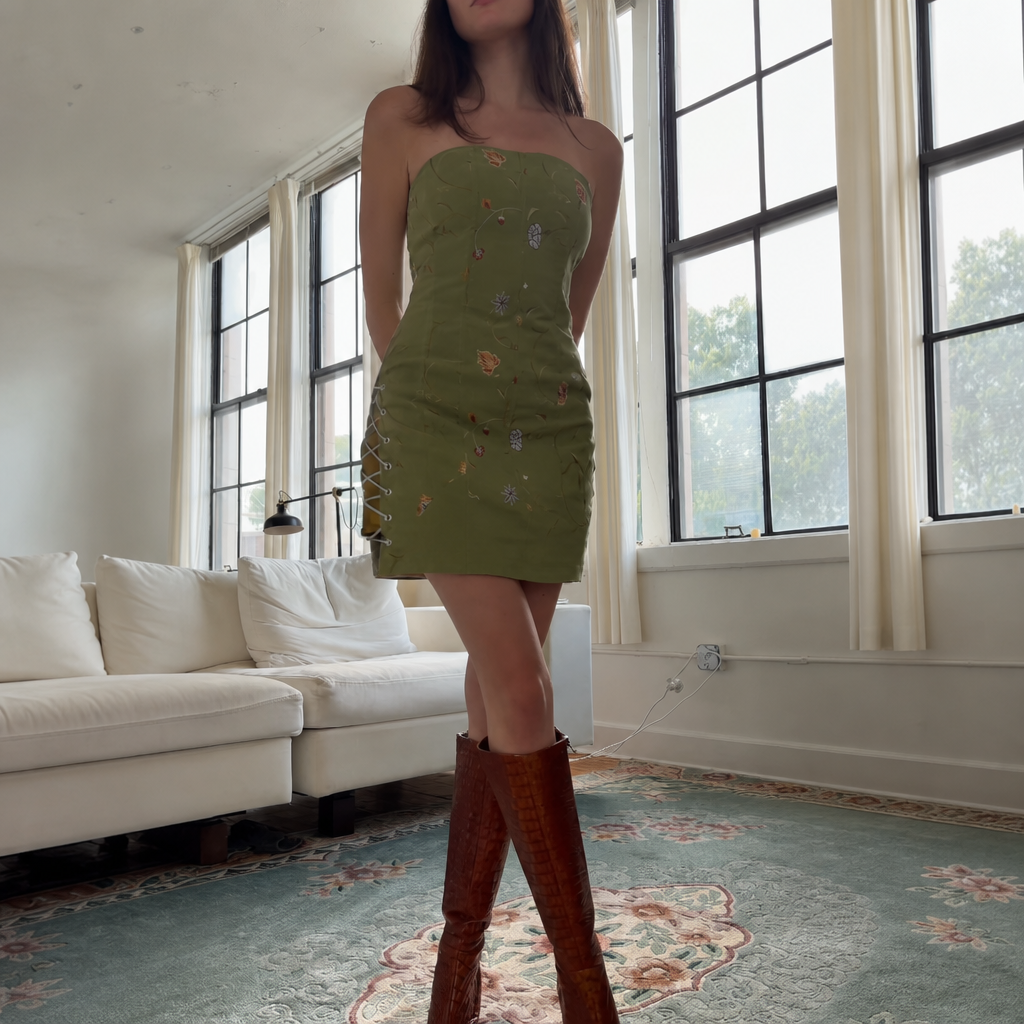 Green Strapless Embroidered Lace-Up Mini Dress