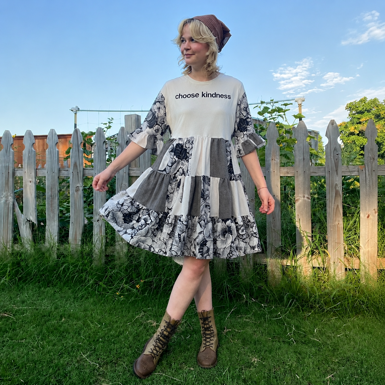 Choose Kindness" Patchwork Tiered Ruffle Mini Dress
