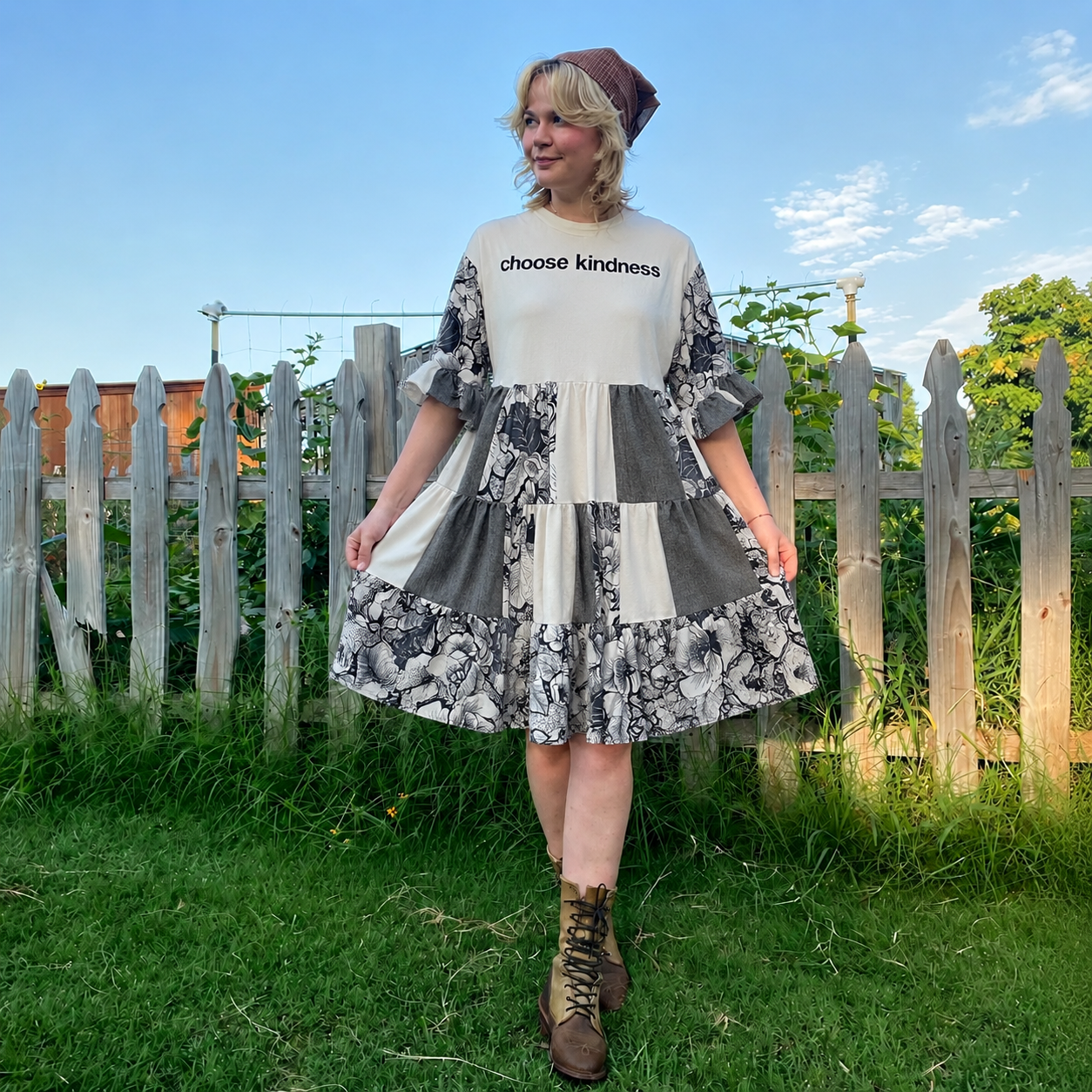 Choose Kindness" Patchwork Tiered Ruffle Mini Dress