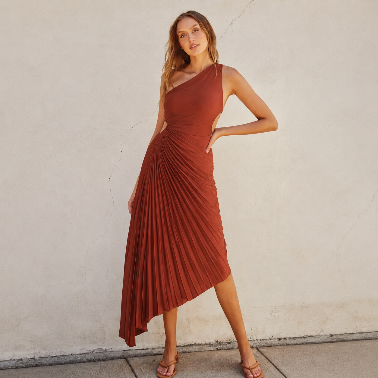 Rust One-Shoulder Pleated Asymmetrical Midi Dress