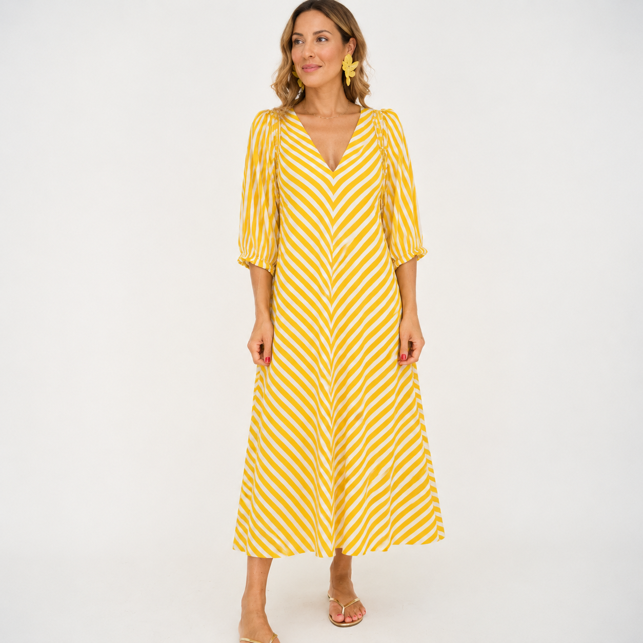 Yellow & White Chevron Stripe V-Neck Midi Dress