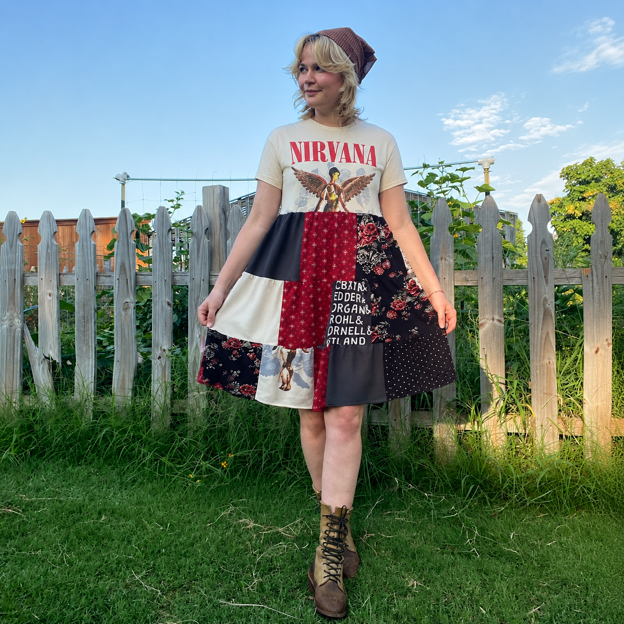 Nirvana Graphic Patchwork Tiered T-Shirt Dress
