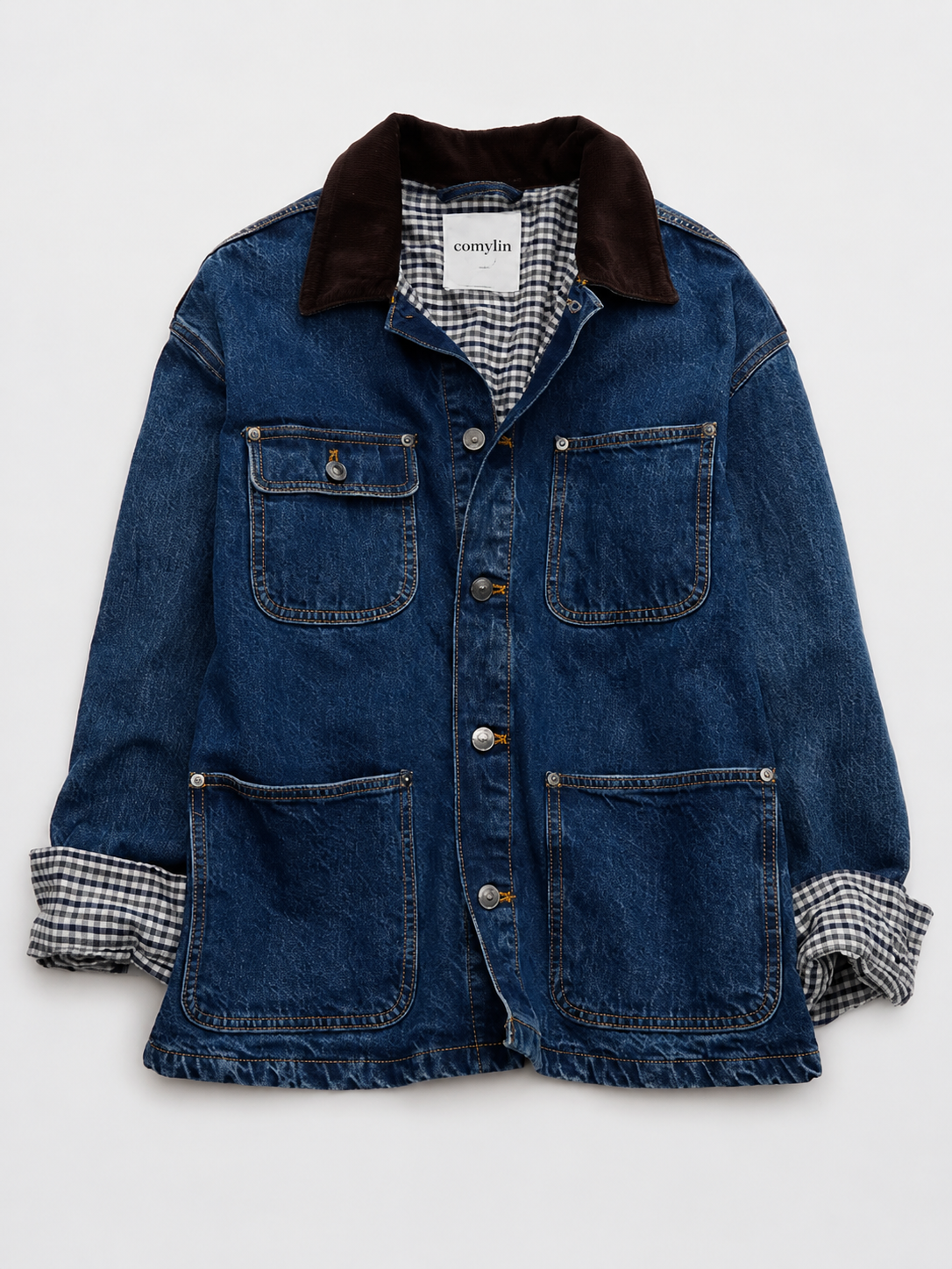 Corduroy Collar Gingham‑Lined Denim Chore Jacket