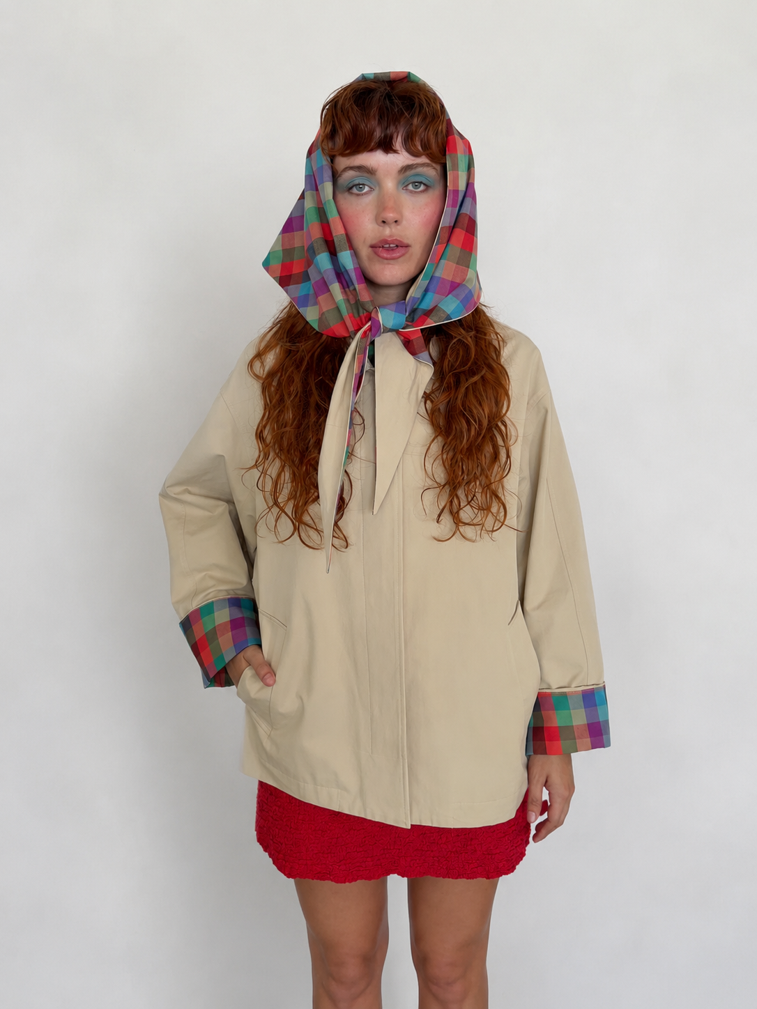 Contrast Rainbow Plaid Sailor Collar Bow Short Jacket
