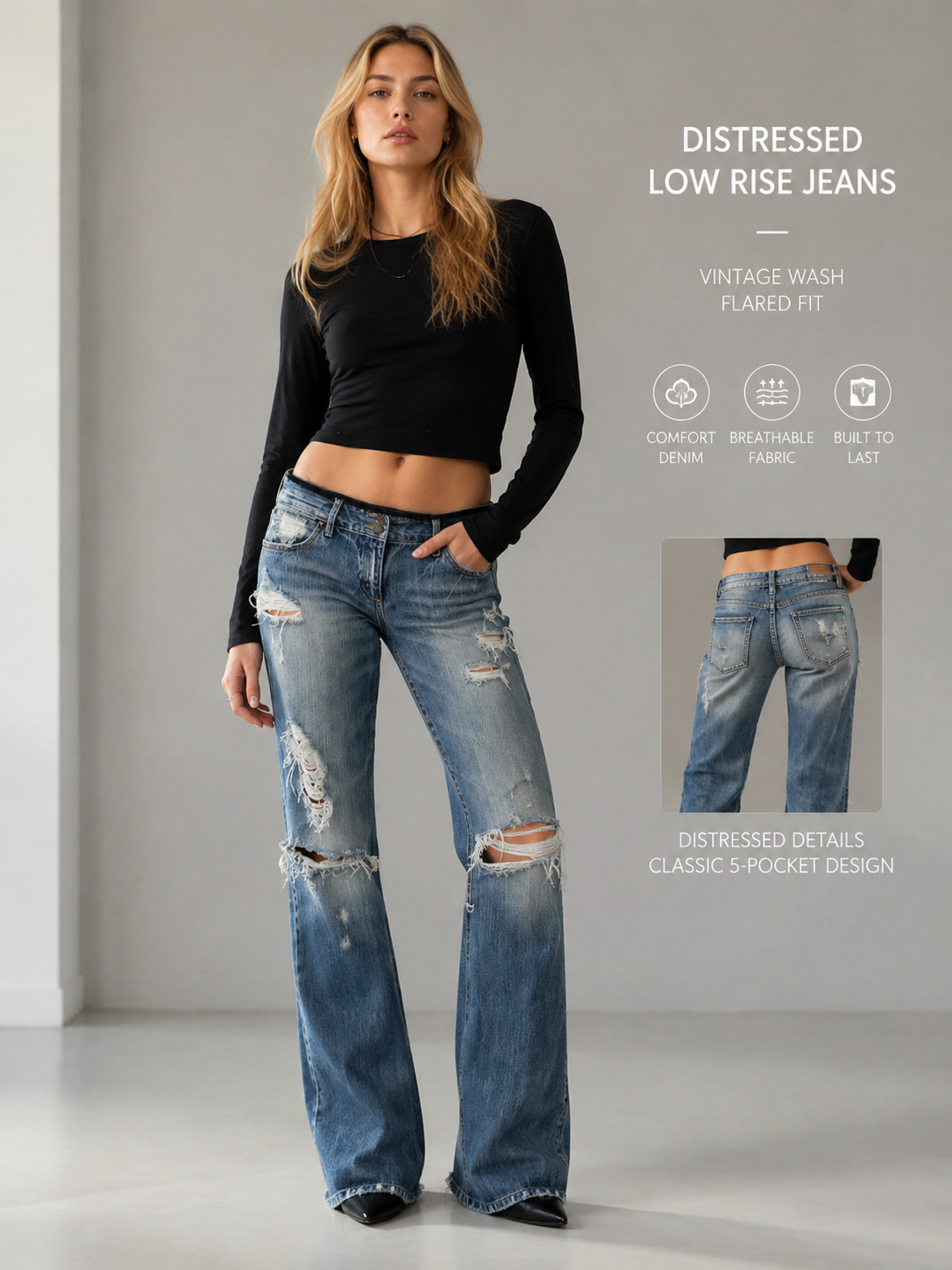 Low Rise Ripped Distressed Flare Jeans Vintage Washed Denim Pants