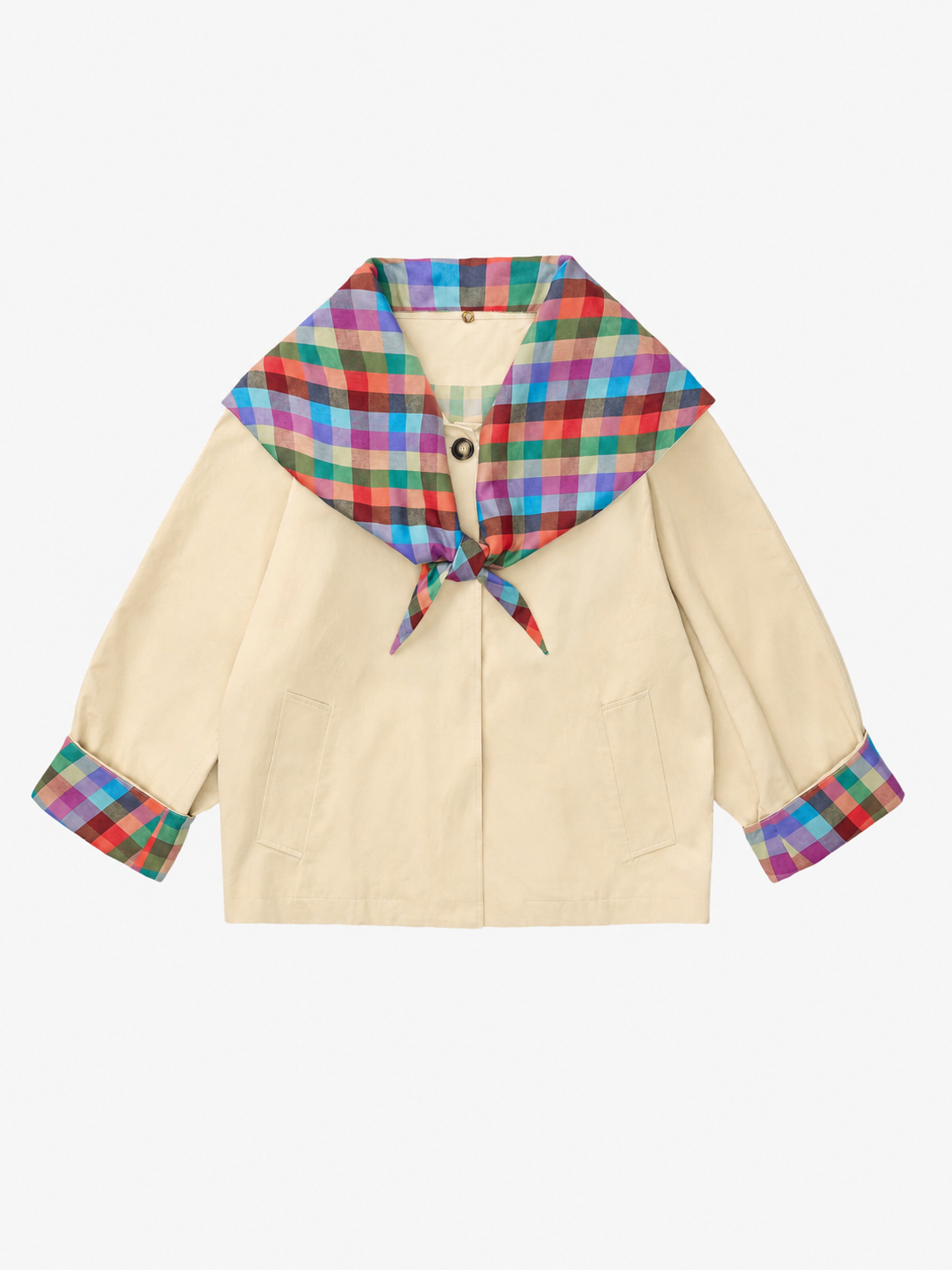 Contrast Rainbow Plaid Sailor Collar Bow Short Jacket