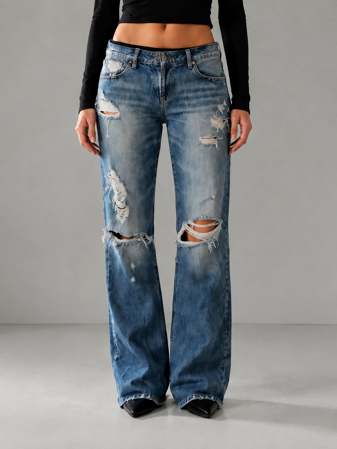 Low Rise Ripped Distressed Flare Jeans Vintage Washed Denim Pants