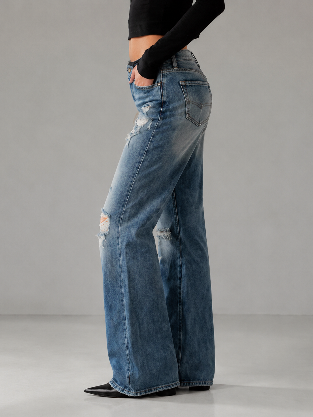 Low Rise Ripped Distressed Flare Jeans Vintage Washed Denim Pants
