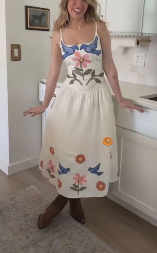 Vintage Cottagecore Dress with Bluebird & Floral Embroidery
