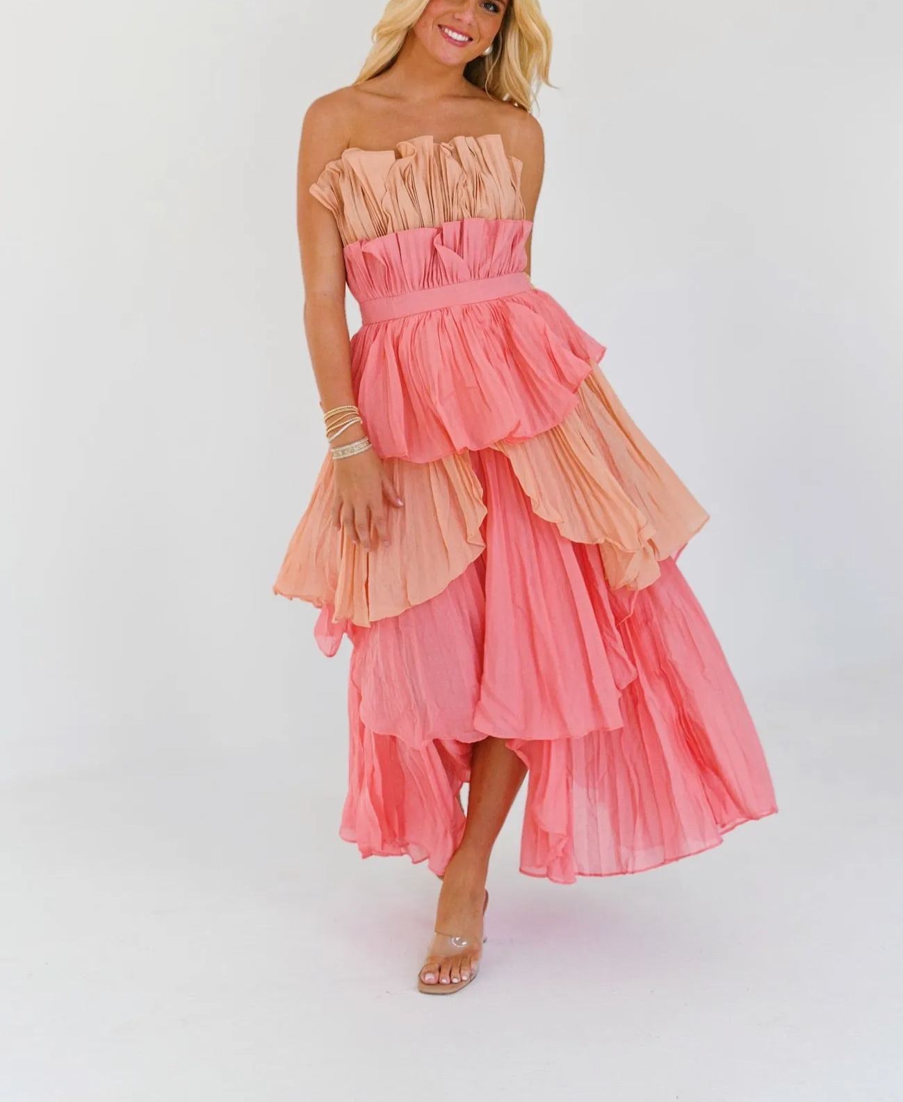 Lola Pleated Ruffle Maxi Dress - Coral Multi
