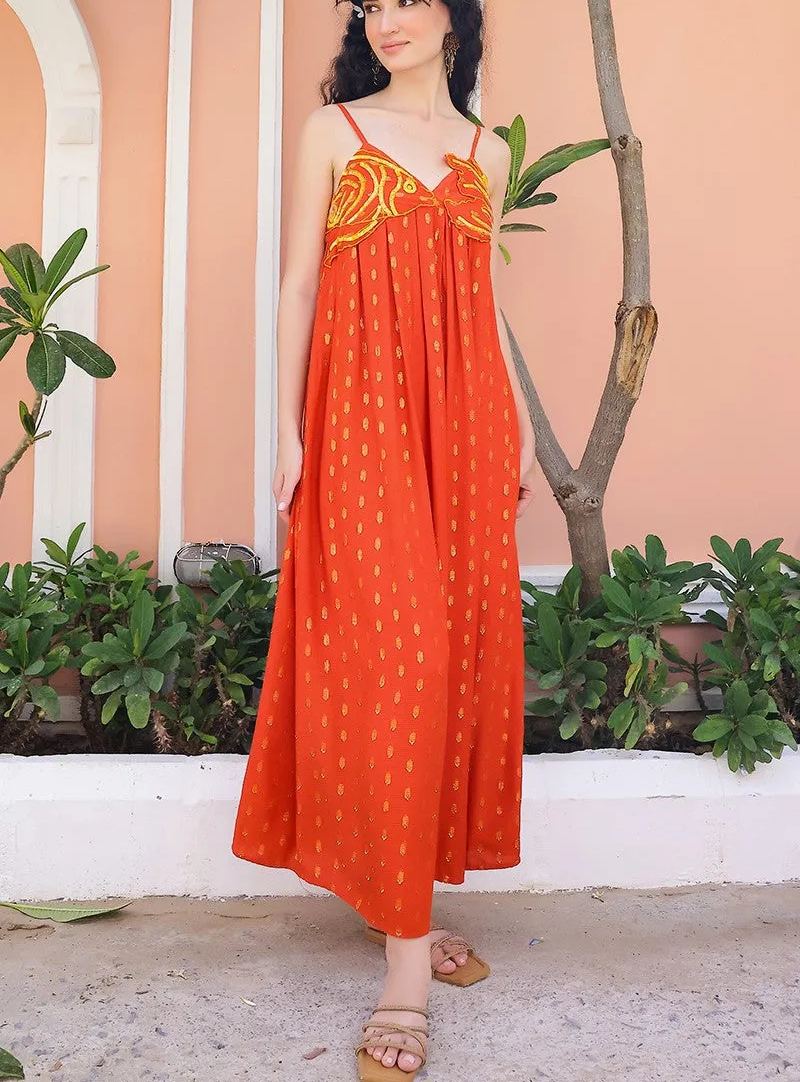 Embellished Tangerine Ariel Flared Maxi Dress