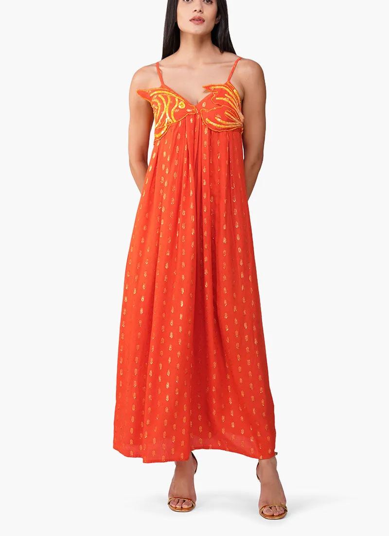 Embellished Tangerine Ariel Flared Maxi Dress