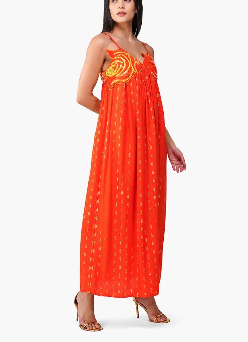 Embellished Tangerine Ariel Flared Maxi Dress