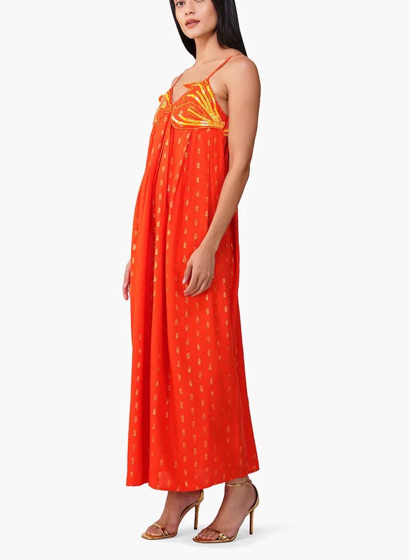 Embellished Tangerine Ariel Flared Maxi Dress