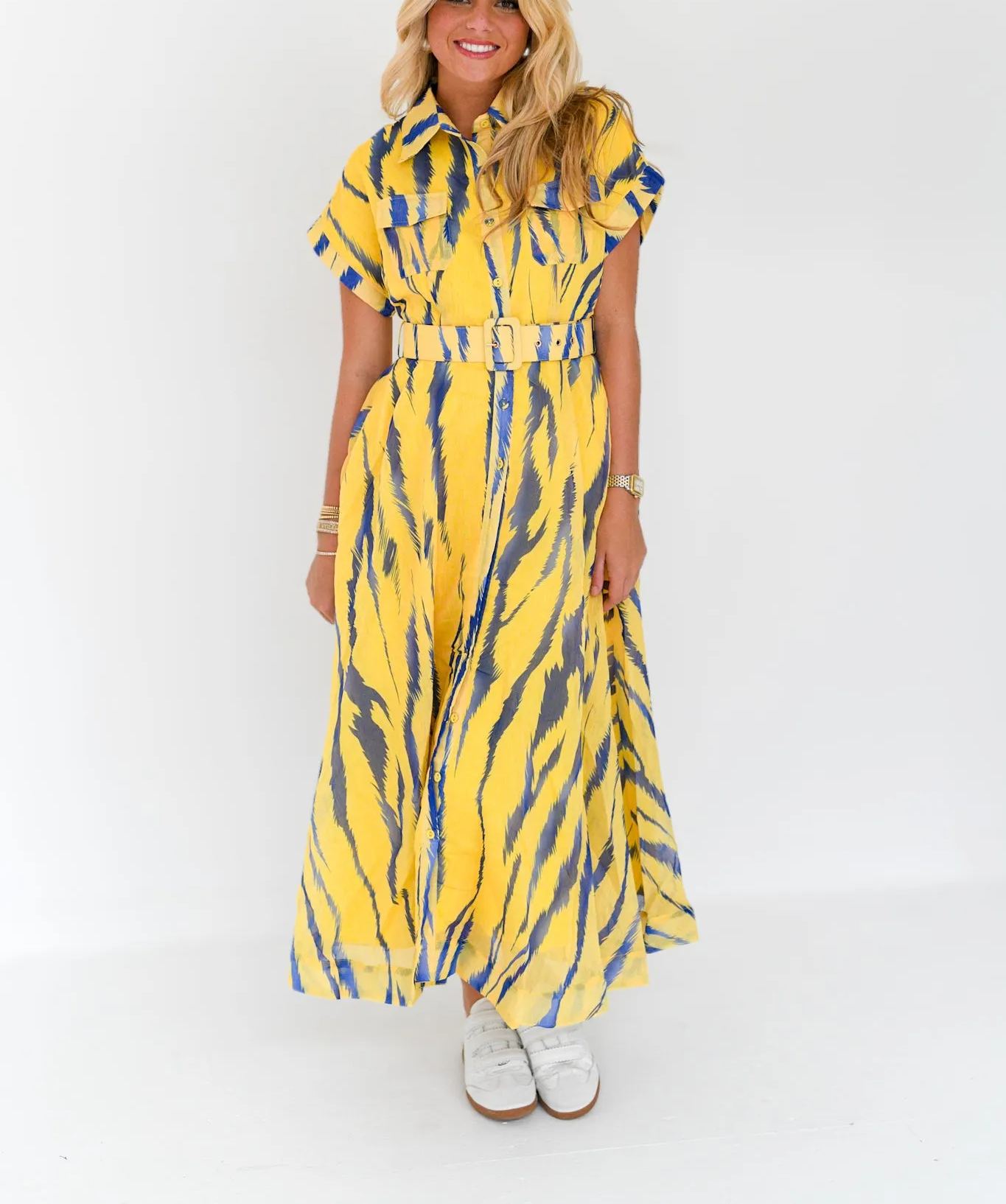 Emme Zebra Print Belted Midi Dress - Yellow/Blue Multi