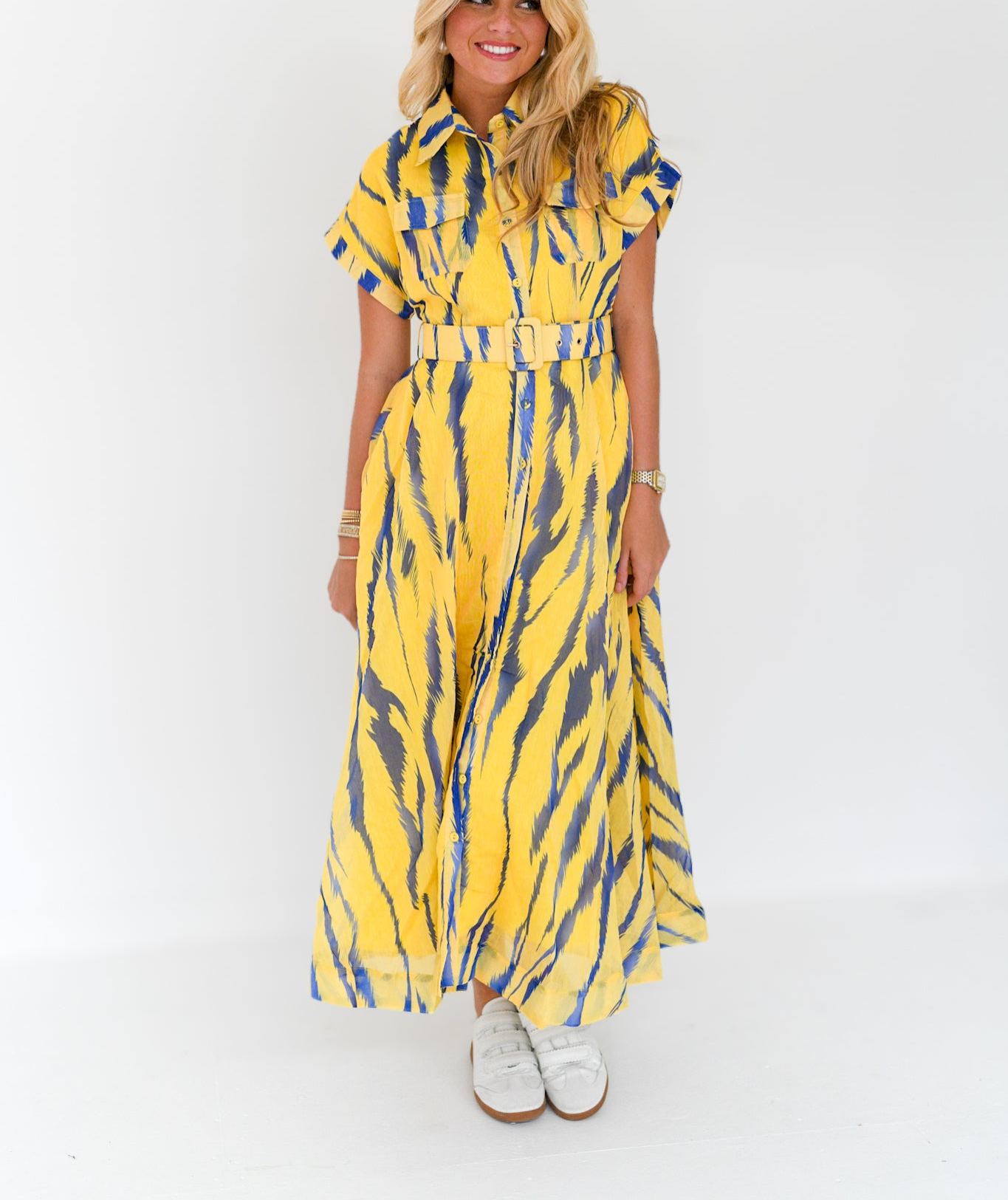 Emme Zebra Print Belted Midi Dress - Yellow/Blue Multi