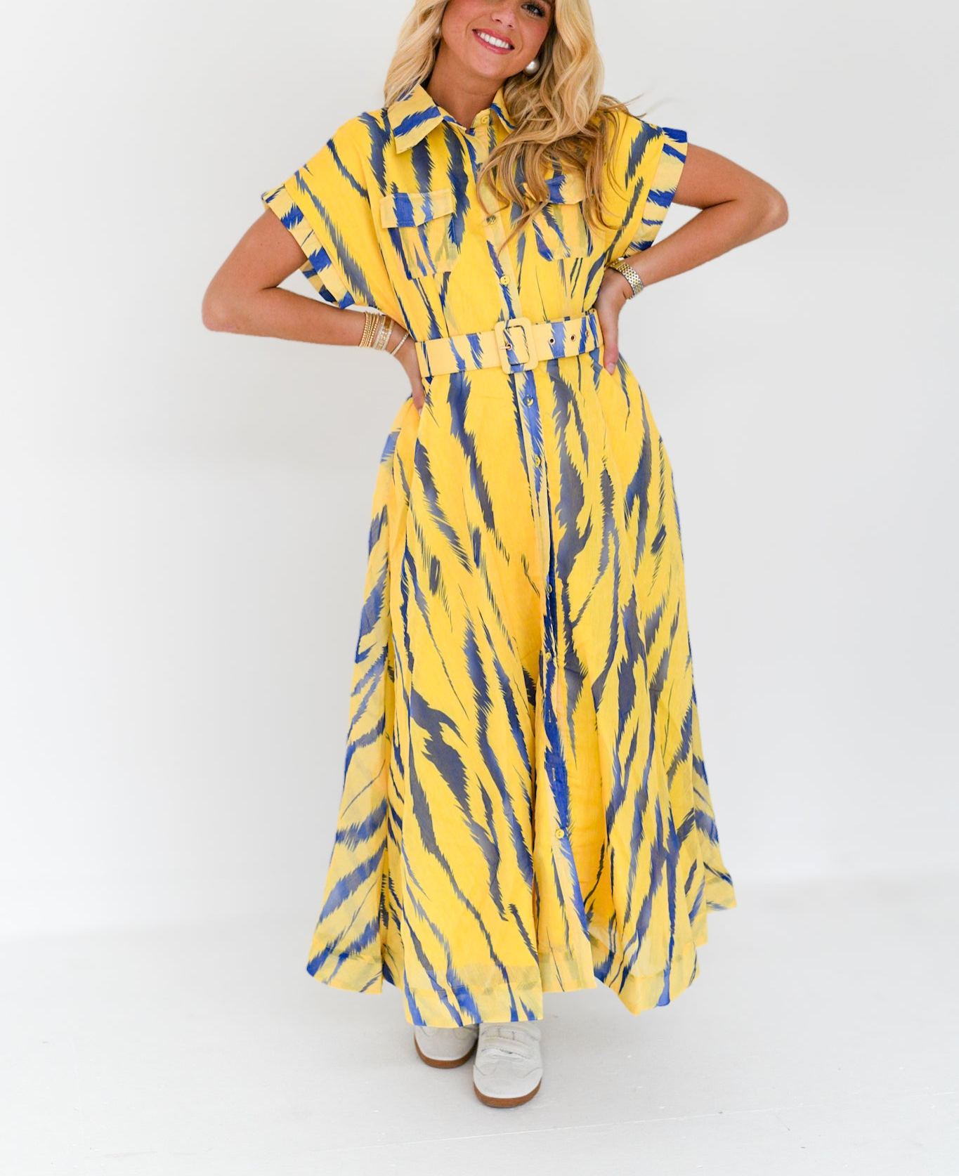 Emme Zebra Print Belted Midi Dress - Yellow/Blue Multi