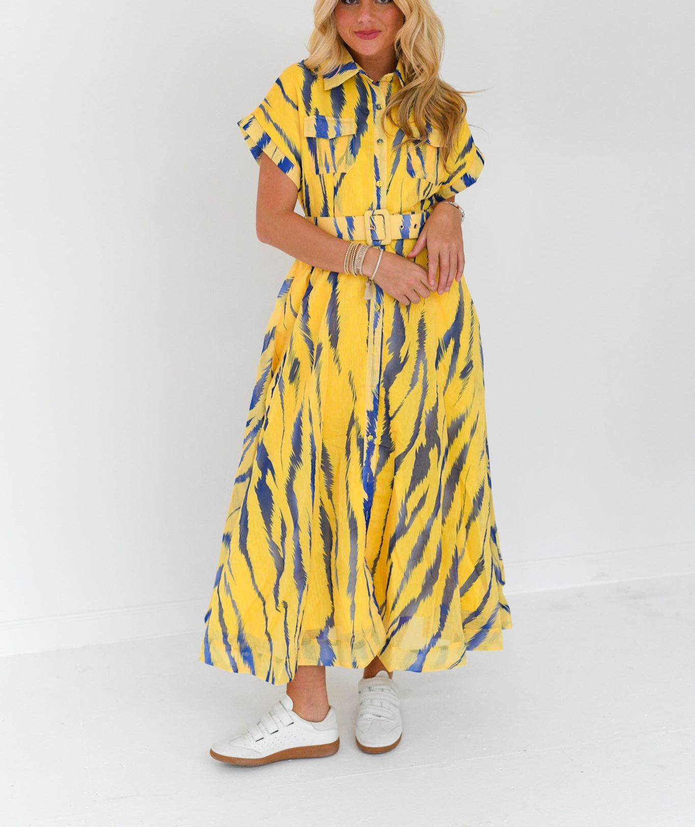 Emme Zebra Print Belted Midi Dress - Yellow/Blue Multi